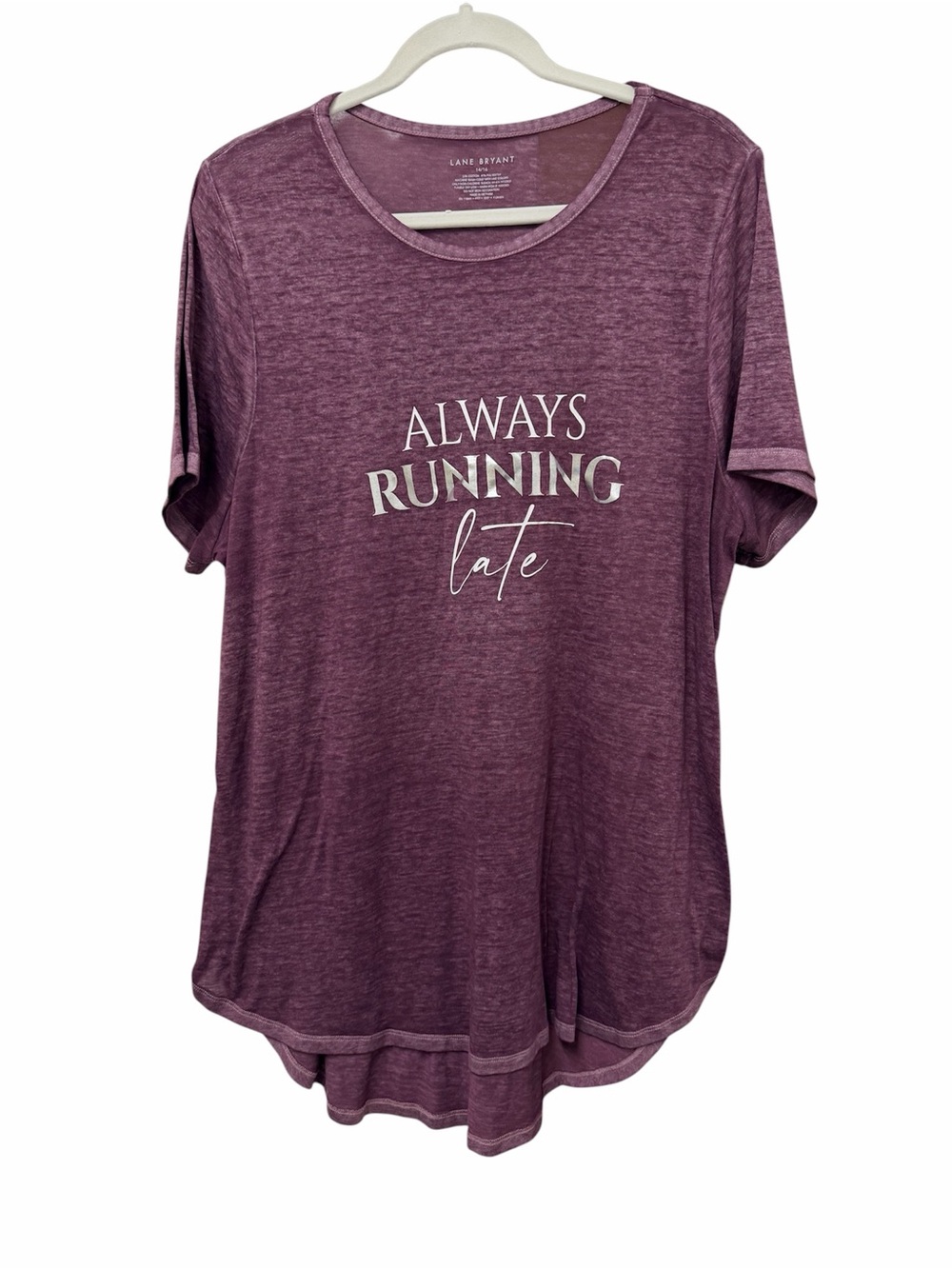 Lane Bryant Purple Burnout Graphic High-Low Tee “Always Running Late” Size 14/16